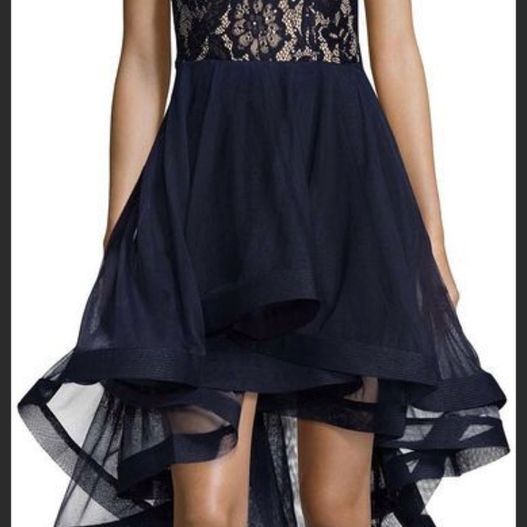 SPEECHLESS FIT & FLARE FORMAL DRESS HIGH LOW CASCADING HEM SZ 3 NAVY - Picture 2 of 10